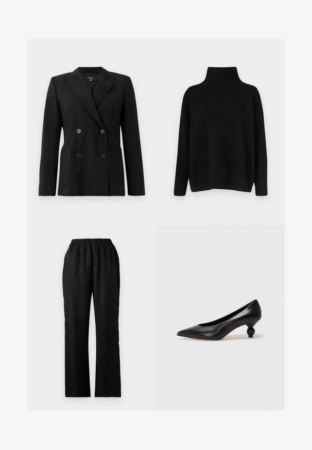 Schwarzer, doppelt gefütterter Blazer aus strukturiertem Stoff, mit Reverskragen, zwei Vordertaschen und vier schwarzen Knöpfen.; Schwarzer Strickpullover mit hohem, geripptem Kragen, herabgesetzten Schultern und lockerer Passform. Verfügt über gerippte Bündchen und Saum für zusätzliche Textur.; Schwarze Hose mit elastischem Bund und strukturiertem Design, das ein dezentes Muster aufweist, gerade Beinform und einem leichten Stoff.; Schwarze Leder-Pumps mit spitzem Zehenbereich und runder, ballförmiger Ferse. Glatte Textur mit einem eleganten, minimalistischen Design.