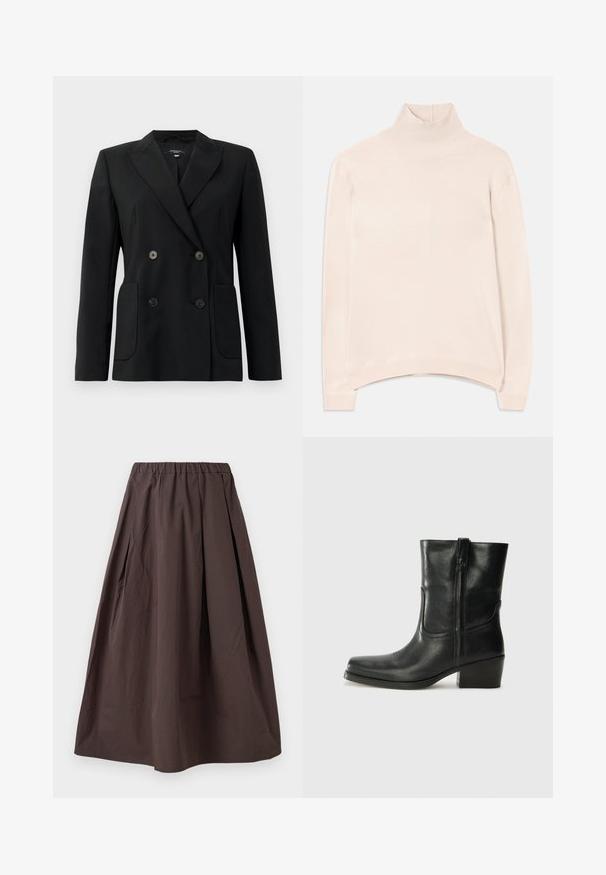 Sort dobbeltradet blazer lavet af struktureret stof, med klapkrave, to forlommer og fire sorte knapper.; Lyserød langærmet turtleneck sweater med ribbet krave og kant, med en afslappet pasform og blød, glat tekstur.; Brun midi-længde nederdel med elastisk talje og diskrete folder på en hvid baggrund.; Sort læder ankelstøvle med rundt tå, blokhæl, lynlås i siden og stikninger på vampsiden. Glat tekstur, klassisk design.