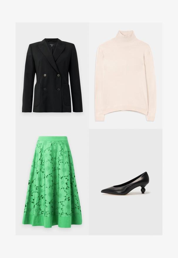 Fekete, kétsoros zakó, amely strukturált anyagból készült, kihajtott gallérral, két elülső zsebbel és négy fekete gombbal rendelkezik.; Világos rózsaszín, hosszú ujjú garbós pulóver ribbelt gallérral és szegéllyel, laza szabással és puha, sima tapintással.; Zöld szoknya virágos kivágásos mintával, sima textúrával és szűk derékkal. Az alja egyszínű és enyhén bővül.; Fekete bőr magassarkú cipő, hegyes orral és kerek, gömbölyű sarokkal. Simább textúrával, elegáns, minimalista dizájnnal.