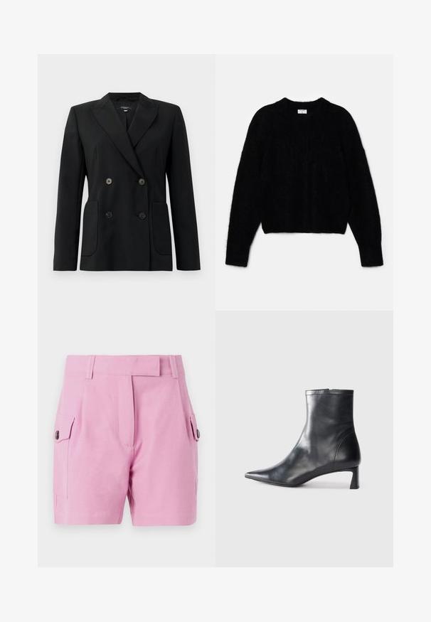 Juodas dvigubas švarkas, pagamintas iš struktūruotos medžiagos, su išpjautomis atlapomis, dviem priekinėmis kišenėmis ir taisyklingais juodais mygtukais.; Juodas trumpas megztinis, pagamintas iš pūkuotos medžiagos. Savybės: apvalios iškirpės ir ilgomis rankovėmis su švelniu tekstūru. Minimalistinis dizainas, be raštų.; Šviesiai rožiniai šortai su pritaikytu dizainu, plokščiu priekiu, šoninėmis kišenėmis su mygtukų užsegimais ir glotnia audinio tekstūra.; Juodas odinis kulkšninis batas su smailiu pirštu ir elegantišku dizainu. Turi žemą kulną ir užtrauktuką gale. Lygi tekstūra.