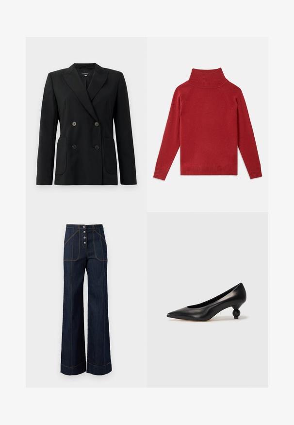 Černý dvouřadý blazer vyrobený z pevných tkanin, s klopovými límci, dvěma předními kapsami a čtyřmi černými knoflíky.; Červený rolák vyrobený z měkké pleteniny. Obsahuje žebrovaný límec a manžety, má volný střih a bezproblémová ramena.; Tmavěmodré široké kalhoty s vysokým pasem, zapínání na pět knoflíků a kontrastním zlatým prošitím. Obsahují velké přední kapsy.; Černá kožená vysoká bota na podpatku s špičatou špičkou a kulatým, zaobleným podpatkem. Hladká textura s elegantním, minimalistickým designem.
