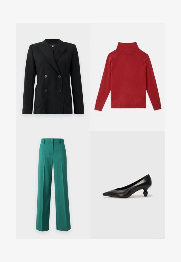 Mustvalge topeltkinnitatud bleiser, mis on valmistatud jäigast kangast, millel on kraed, kaks esist pocketit ja neli musta nööpi.; Punane kõrge kaelusega sviiter, mis on valmistatud pehmest kudumisest. Omab soonikust krae ja mansette, ning on vabalt lõigatud ja õmblusteta õlgadega.; Roheline laiade jalgadega pükste valik, mis on valmistatud siledast kangast ja millel on kohandatud lõige, omades esikortsusid ja kahe tasku disaini.; Must musta kõrge kontsaga king, millel on terav nina ja ümar, pallikujuline konts. Sile pind ja elegantne, minimalistlik disain.