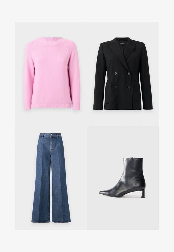 Schwarzer, doppelt gefütterter Blazer aus strukturiertem Stoff, mit Reverskragen, zwei Vordertaschen und vier schwarzen Knöpfen.; Helles rosa gestricktes Sweatshirt mit Rundhalsausschnitt, Raglanärmeln und gerippten Bündchen und Saum, das ein strukturiertes Muster aufweist.; Weite blaue Jeans mit hoher Taille, im klassischen Five-Pocket-Stil und mit Knopfverschluss, aus strukturierter Baumwollstoff gefertigt.; Schwarze Lederstiefelette mit spitzer Zehe und schlankem Design. Verfügt über einen niedrigen Absatz und einen Reißverschluss hinten. Glatte Textur.