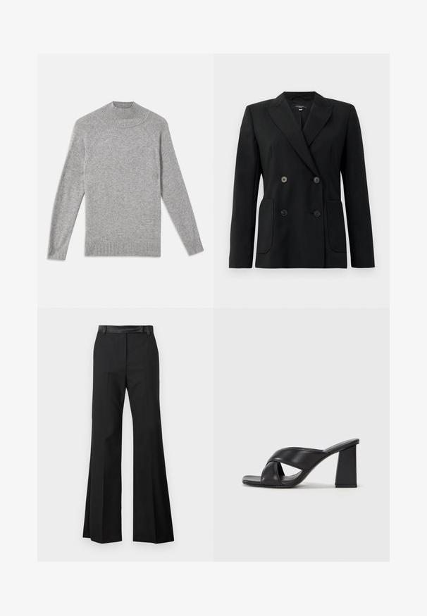 Zwarte dubbelgebreide blazer van gestructureerde stof, met notch revers, twee voord pockets en vier zwarte knopen.; Grijze gebreide trui met een hoge ribbelkraag, raglanmouwen en ribbelmanchetten, met een zachte textuur en een eenvoudig ontwerp.; Zwarte flared broeken met een gladde stofafwerking, voorzien van een stevige tailleband en persvouwen voor een nette uitstraling.; MAX&Co. SOHO - Sandalen met hoge hak - schwarz
