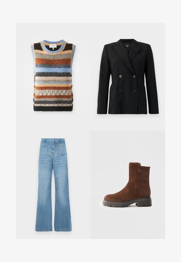 Schwarzer, doppelt gefütterter Blazer aus strukturiertem Stoff, mit Reverskragen, zwei Vordertaschen und vier schwarzen Knöpfen.; Strickweste ohne Ärmel mit mehrfarbigen horizontalen Streifen in Braun, Blau und Creme; kontrastierende strukturierte und glatte Abschnitte.; Helleblaue Jeans aus Denim mit weitem Bein, ausgestattet mit zwei Fronttaschen und zwei Gesäßtaschen, abgeschlossen mit einem rohen Saum und Knopfverschluss.; Braune Wildleder-Ankleboots mit elastischen Seitenpaneelen, runder Zehenform und einer dicken Gummisohle mit einem strukturierten Profil.