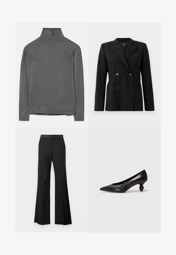 Mustvalge topeltkinnitatud bleiser, mis on valmistatud jäigast kangast, millel on kraed, kaks esist pocketit ja neli musta nööpi.; Halljalõikega hall kaelus-sviiter, mis on valmistatud pehmest kangast, pikkade varrukate, sooniku kaela- ja allaäärtega ning lõdva lõikega. Sile tekstuur ja lihtne disain.; Mustad laiad püksid siledast kangast viimistlusega, millel on kindel vööpoolsus ja pressitud kortsud, et saavutada kvaliteetne välimus.; Must musta kõrge kontsaga king, millel on terav nina ja ümar, pallikujuline konts. Sile pind ja elegantne, minimalistlik disain.