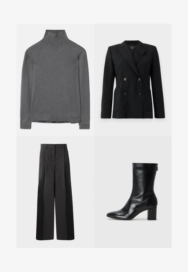 Schwarzer, doppelt gefütterter Blazer aus strukturiertem Stoff, mit Reverskragen, zwei Vordertaschen und vier schwarzen Knöpfen.; Grau gestrickter Pullover mit Stehkragen aus weichem Material, lange Ärmel, gerippter Hals und Saum sowie einem lockeren Schnitt. Glatter Textur und schlichtes Design.; Schwarze, weit geschnittene Hose mit hoher Taille, versehen mit Frontfalten, einer glatten Textur und einem maßgeschneiderten Finish. Entworfen für eine lockere Passform.; Schwarze Leder-Ankle-Boots mit spitzer Zehe und 4 cm Blockabsatz. Schlankes Design mit einem seitlichen Reißverschluss für einfaches Anziehen. Glatte Textur.