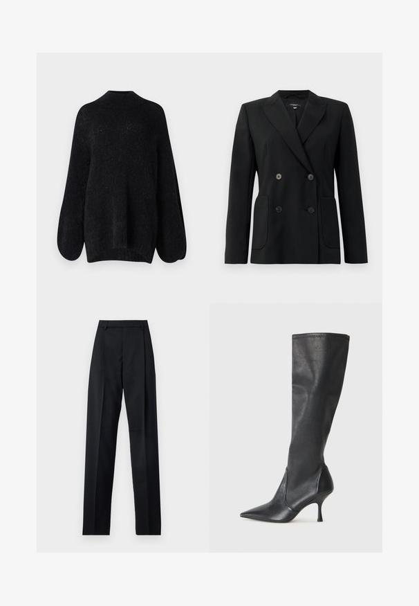 Μαύρο διπλό μπουφάν με καπιτονέ ύφασμα, διαθέτει γωνιακά πέτα, δύο μπροστινές τσέπες και τέσσερα μαύρα κουμπιά.; Μαύρο πλεκτό πουλόβερ με ψηλό λαιμό, φαρδιά μπαλόνι μανίκια και υφή. Διαθέτει χαλαρή εφαρμογή και σ tapered τελείωμα.; Μαύρο παντελόνι φτιαγμένο από λείο ύφασμα με ψηλή μέση, φαρδιές γάμπες, πλάγιες πιέτες και κλασσικές θηλιές ζώνης. Δεν υπάρχουν ορατές πλαϊνές τσέπες.; Μαύρες δερμάτινες μπότες μέχρι το γόνατο με μυτερή μύτη και λεπτό τακούνι στιλέτο. Λείος υφασμάτινος σχεδιασμός και ραφή στην άκρη του επάνω μέρους.
