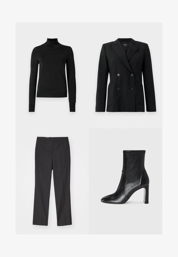 Mustvalge topeltkinnitatud bleiser, mis on valmistatud jäigast kangast, millel on kraed, kaks esist pocketit ja neli musta nööpi.; Mustmusterta mustaga pikkade varrukatega kõrge kaelusega sviiter, millel on ribakudumisega mansetid ja äär, esitatud lihtsal valgel taustal.; Mustad ülikondpüksid sirge jala lõikega, featuring vööloopidega ja siledast tekstuurist, valmistatud kergest kangast.; Must musta saapikas sujuva disaini, terava nina ja kõrge plokkkontsaga. Omab siledat tekstuuri ja minimalistikku õmbluse detaljikat.