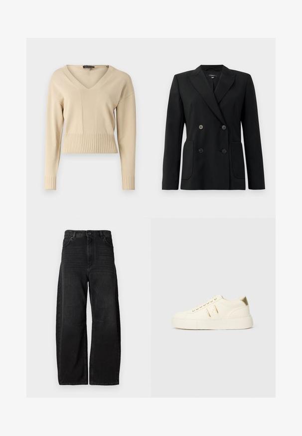 Črn dvoredni blazer iz strukturirane tkanine, z ovratnikom tipa notch, dvema sprednjima žepoma in štirimi črnimi gumbi.; Bež pleteni pulover z V-izrezom, dolgimi rokavi in rebrastim robom ter manšetami. Tkanina ima gladko teksturo.; Široke črne kavbojke iz trpežnega blaga, z visokim pasom, velikimi sprednjimi žepi in čistim, minimalnim šivom.; Kremne nizke tene z zlatimi dodatki, vezalkami in utisnjenim logotipom "Armani Exchange" na podplatu in stranski nalepki.