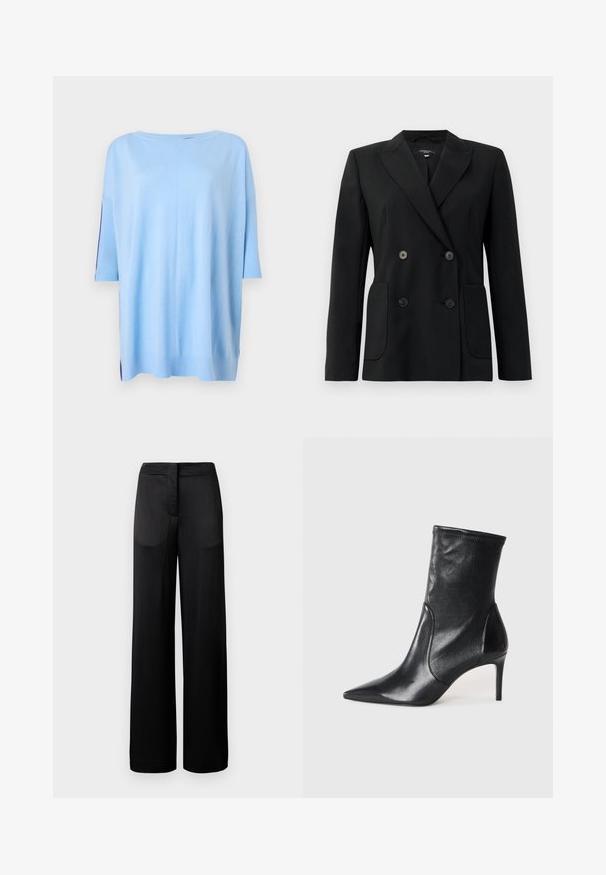 Crni dvostruki sako od čvrstog materijala, s reverima, dva prednja džepa i četiri crna dugmeta.; Svijetloplava kratkosazna pulover s opuštenim krojem, rebrasti detalji na rukavima i bočne prorezi na rubu za dodatnu teksturu.; Široke crne hlače s teksturiranom površinom, s ravnim pojasom i dva bočna džepa. Tkanina djeluje lagano i lepršavo.; Crne gležnjače od glatke kože, s uskim vrhom, prilagođenom cijevi i tankim visokim potpeticama. Minimalistički dizajn bez vidljivih metalnih dijelova.