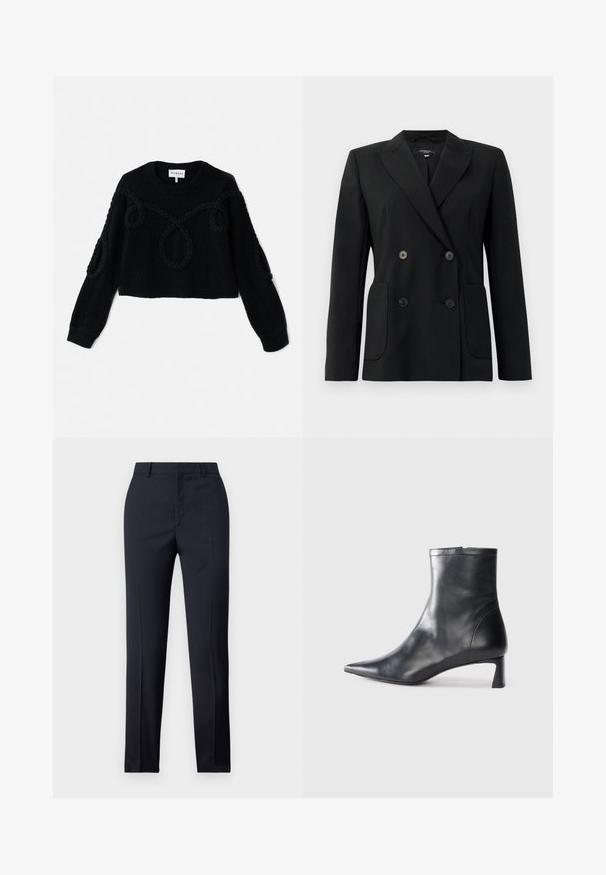 Crni dvostruki sako od čvrstog materijala, s reverima, dva prednja džepa i četiri crna dugmeta.; Pleteni crni pulover s izrezanim dizajnom, teksturiranim materijalom i pletenim detaljima na prednjem dijelu i rukavima.; Mornarsko plave krojene hlače ravnog kroja, sa glatkom teksturom, dvije prednje džepove i urednim pojasom.; Crne kožne gležnjače s uskim vrhom i elegantnim dizajnom. Imaju niski potpetak i zatvaranje na patentni zatvarač straga. Glatka tekstura.
