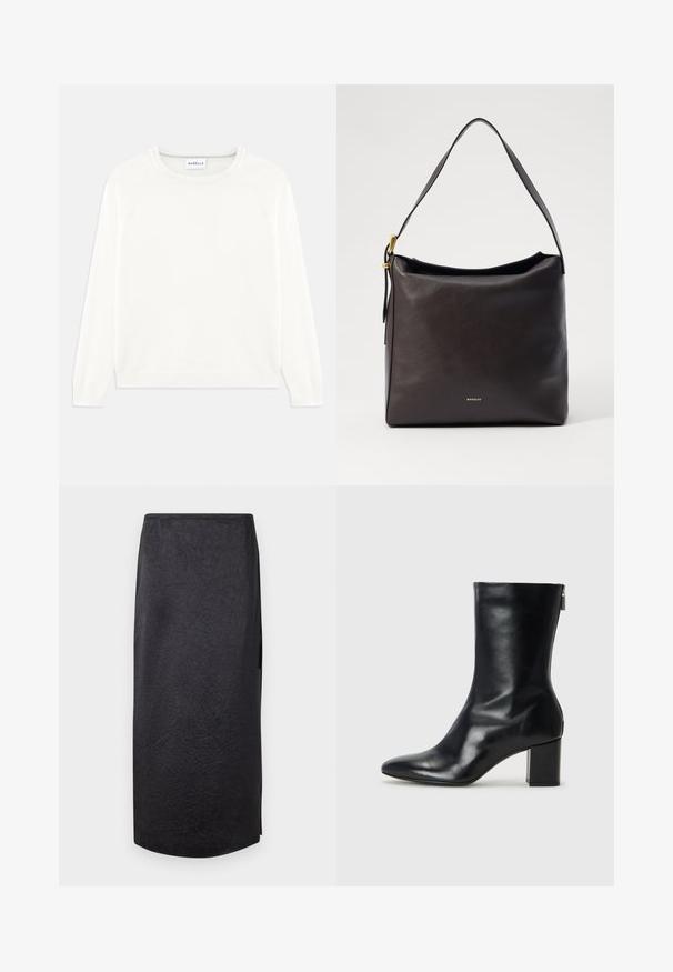 Black double-breasted blazer made of structured fabric, featuring notch lapels, two front pockets, and four black buttons.; Lightweight, cream-colored sweater with a round neckline, long sleeves, and ribbed hem. Made from soft fabric with a smooth texture.; Black midi skirt with a crinkled texture, straight cut, and side slit. Material appears lightweight. Hemline is slightly rounded.; Black leather ankle boot with a pointed toe and 4 cm block heel. Sleek design features a side zipper for easy wear. Smooth texture.; Dark brown leather shoulder bag with a smooth texture, a long strap, and a subtle gold logo at the bottom, featuring an open-top design.