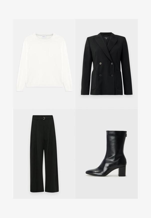 Črn dvoredni blazer iz strukturirane tkanine, z ovratnikom tipa notch, dvema sprednjima žepoma in štirimi črnimi gumbi.; Lahka, krema barve pulover s kružnim izrezom, dolgimi rokavi in z ribanim robom. Narejen iz mehkega blaga z gladko teksturo.; Črne široke hlače iz gladkega materiala, z pasom z enim srebrnim sponko, z gubami spredaj in ravnim robom.; Črne usnjene gležnjarje s koničastim nosom in 4 cm širokim peto. Elegantna zasnova vsebuje stranski zadrgo za enostavno obuvanje. Gladka tekstura.