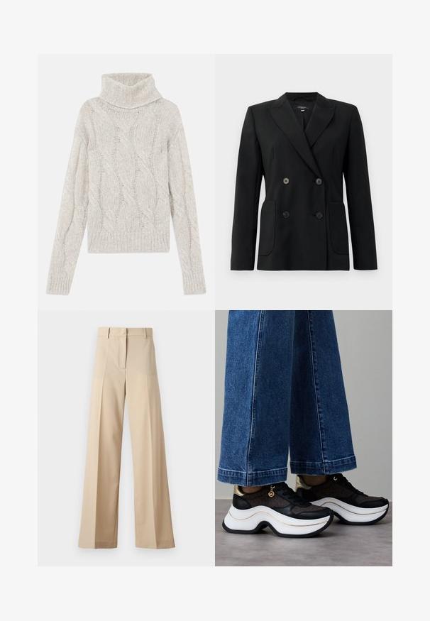 Čierny dvojradový blejzer vyrobený z pevnej látky, s klopami, dvoma prednými vreckami a štyrmi čiernymi gombíkmi.; Svetlý šedý svetrový pulóver s pleteným vzorom, ktorý má vysoký rolák, dlhé rukávy a rebrovaný lem. Mäkká, štruktúrovaná tkanina s útulným vzhľadom.; Béžové široké nohavice vyrobené z hladkej tkaniny, s plochým predným dielom s skladmi, zipsom a pútkami na opasok. Celkový strih je upravený.; Čierne a zlaté tenisky s krivou bielou podrážkou. Textúrovaná látka s logotypovými akcentmi. Kombinované so širokými modrými rifľovými nohavicami.