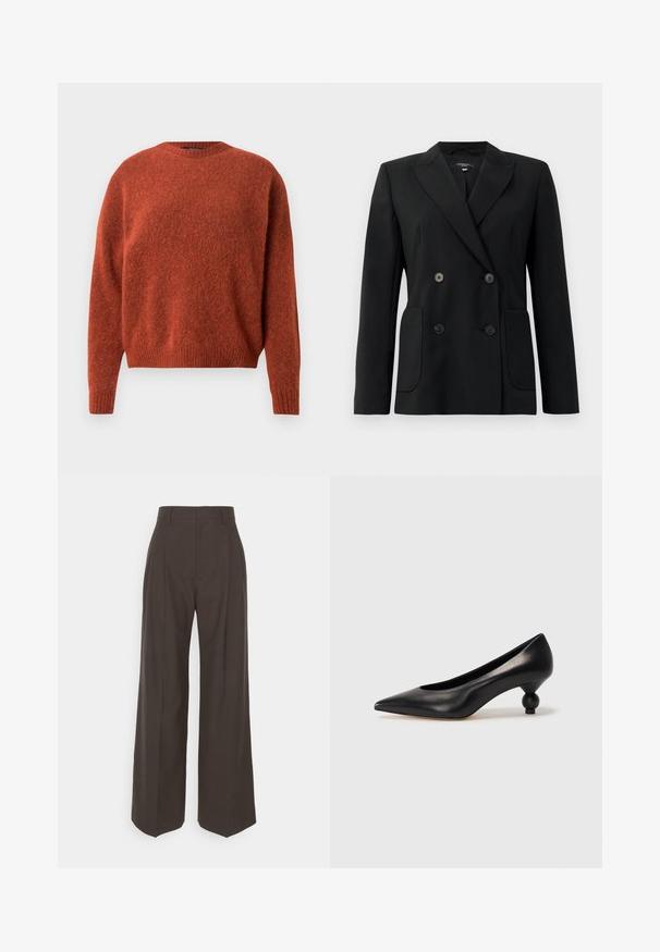 Blazer noir croisé en tissu structuré, avec des revers en pointe, deux poches avant et quatre boutons noirs.; Pull en maille couleur rouille avec un col rond et des poignets côtelés. Le tissu a une apparence douce et texturée. Aucune garniture ou motif visible.; Pantalons larges marron foncé à taille haute, avec des plis soigneusement marqués, une texture lisse et une coupe ajustée.; Chaussure à talon haut en cuir noir avec un bout pointu et un talon arrondi. Texture lisse avec un design épuré et minimal.