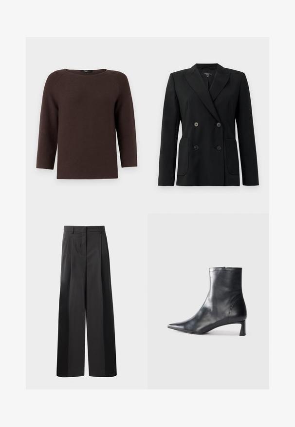 Blazer negro de doble botonadura, hecho de una tela estructurada, con solapas de muesca, dos bolsillos frontales y cuatro botones negros.; Suéter marrón de punto con escote redondo y mangas raglán de tres cuartos. Presenta un patrón texturizado y un corte recto.; Pantalones de pierna ancha negros con cintura alta, que presentan pliegues en la parte delantera, una textura suave y un acabado a medida. Diseñados para un ajuste relajado.; Botín de cuero negro hasta el tobillo con punta afilada y un diseño elegante. Presenta un tacón bajo y un cierre con cremallera en la parte trasera. Textura suave.