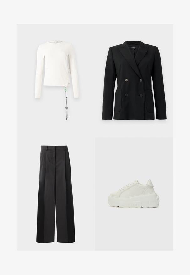 Černý dvouřadý blazer vyrobený z pevných tkanin, s klopovými límci, dvěma předními kapsami a čtyřmi černými knoflíky.; Dlouhá bílá ribbed top s kulatým výstřihem, se zeleným a černým akcentem na boku pro úpravu velikosti.; Černé kalhoty širokého střihu s vysokým pasem, které mají přední sklady, hladký povrch a upravený vzhled. Navrženy pro volný střih.; Bílé platformové tenisky vyrobené z hladké kůže, s kulatou špičkou, silnou podrážkou s texturovaným vzorem a decentním brandingem na boku.