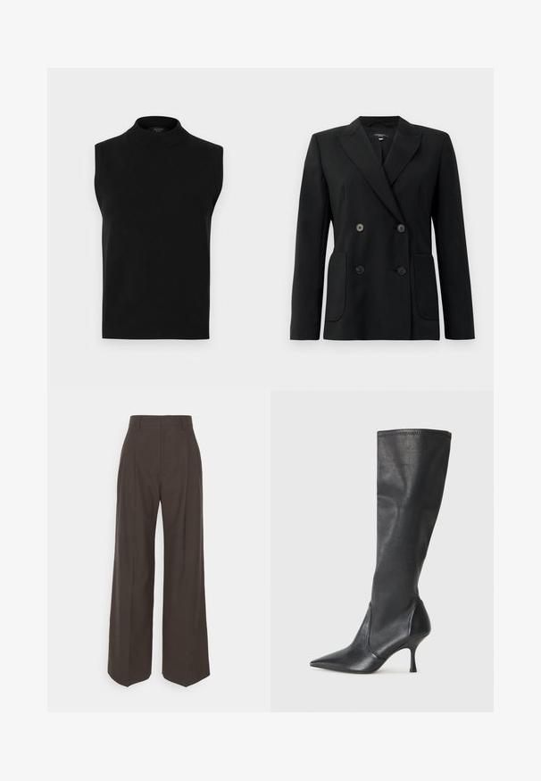 Czarna podwójnie zapinana marynarka z wytrzymałego materiału, z klapami w kształcie klina, dwiema przednimi kieszeniami i czterema czarnymi guzikami.; Czarny bezrękawnik z golfem wykonany z gładkiego materiału dzianinowego, z wysokim kołnierzem i prążkowanym dołem, uniwersalny do warstwy.; Ciemnobrązowe spodnie z szerokimi nogawkami i wysokim stanem, wyróżniające się starannie wyprasowanymi zagnieceniami, gładką fakturą i dopasowanym krojem.; Czarne skórzane botki do kolan z ostrym noskiem i wąskim obcasem w szpilkę. Gładka tekstura z dopasowanym krojem i przeszyciem na górnej krawędzi.