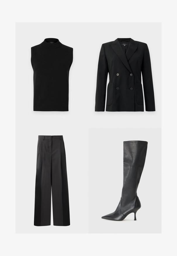 Blazer noir croisé en tissu structuré, avec des revers en pointe, deux poches avant et quatre boutons noirs.; Top noir sans manches en maille lisse, avec un col montant et un ourlet côtelé, polyvalent pour le layering.; Pantalon large noir avec une taille haute, doté de plis avant, d'une texture lisse et d'une finition ajustée. Conçu pour un ajustement décontracté.; Bottes en cuir noir arrivant jusqu'aux genoux avec un bout pointu et un talon aiguille fin. Texture lisse avec un design ajusté et des coutures au bord supérieur.