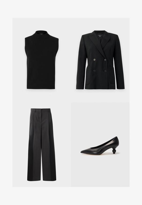 Blazer negru cu două rânduri de nasturi, realizat dintr-un material structurat, având rever cu decupaj, două buzunare frontale și patru nasturi negri.; Top negru fără mâneci, dintr-un material tricotat neted, cu un guler înalt și un tiv cu nervuri, versatil pentru stratificare.; Pantaloni negri cu talie înaltă, cu picioare largi, având pliseuri frontale, o textură netedă și un finisaj croit. Concepuți pentru o croială relaxată.; Pantofii cu toc înalt din piele neagră, cu vârf ascuțit și toc rotund, mimos. Textură netedă, cu un design elegant și minimalist.