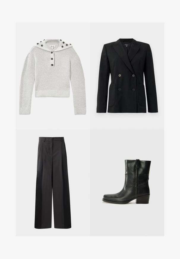 Schwarzer, doppelt gefütterter Blazer aus strukturiertem Stoff, mit Reverskragen, zwei Vordertaschen und vier schwarzen Knöpfen.; Hellgrauer, gerippter Strickpullover mit verkürztem Design, versehen mit einer Knopfleiste und einer Kapuze, die mit blumenförmigen Akzenten geschmückt ist.; Schwarze, weit geschnittene Hose mit hoher Taille, versehen mit Frontfalten, einer glatten Textur und einem maßgeschneiderten Finish. Entworfen für eine lockere Passform.; Schwarze Leder-Ankle Boots mit runder Zehenform, Blockabsatz, seitlichem Reißverschluss und gestickten Akzenten auf dem Blatt. Glatte Textur, klassisches Design.