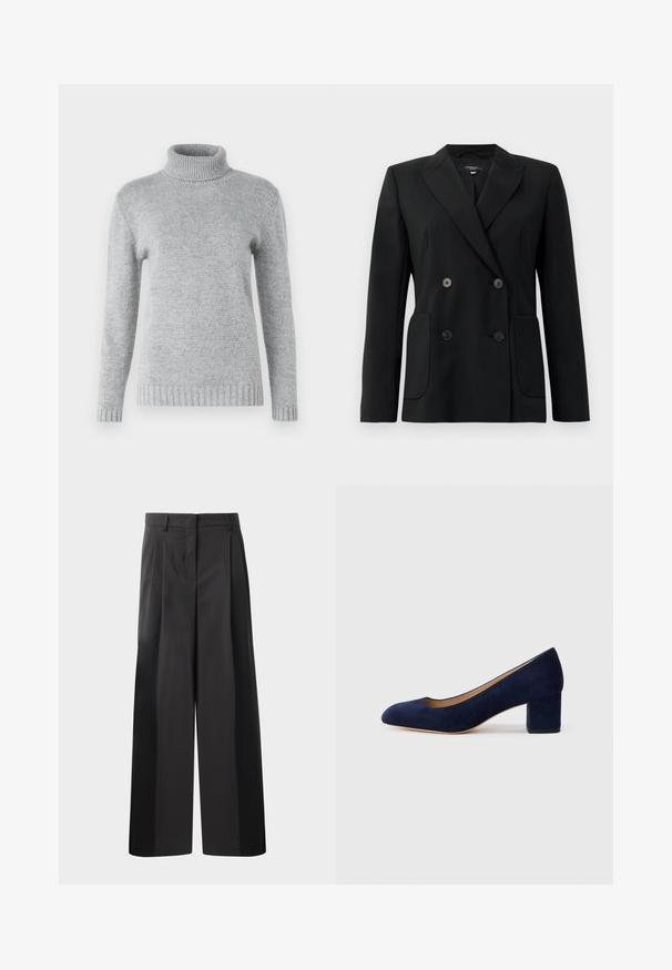 Mustvalge topeltkinnitatud bleiser, mis on valmistatud jäigast kangast, millel on kraed, kaks esist pocketit ja neli musta nööpi.; Heled halli kõrge kaelusega sviiter, mis on valmistatud pehmest kudumist, omades pikki varrukaid ning ribadena tekstuuri krael ja allääril.; Mustad laiad püksid kõrge vöökohaga, millel on ees voldid, sile tekstuur ja õmmeldud viimistlus. Kujundatud lõdva istuvuse saavutamiseks.; Tumesinise sametist kõrge kontsaga king, millel on terav nina ja keskmise kõrgusega plokk-konts. Sile tekstuur kerge sädelusega ja ees väike lõige.