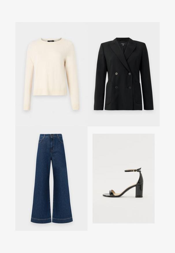 Blazer noir croisé en tissu structuré, avec des revers en pointe, deux poches avant et quatre boutons noirs.; Weekend Max Mara TAGO - Pullover - ecru; Jeans en denim bleu à taille haute et jambes larges, avec une fermeture à bouton, des passants de ceinture et des détails de couture subtils le long des poches et des ourlets.; Sandale en cuir verni noir avec un large talon, orteils ouverts et une bride de cheville ornée d'une boucle en or. Texture lisse et design épuré.