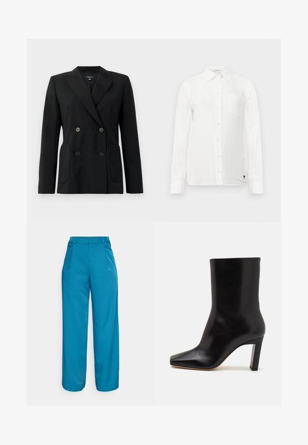 Melnā dubultā jaciņa, kas izgatavota no strukturēta auduma, ar griezumiem pie apkakles, divām priekšējām kabatām un četriem melniem pogām.; Balts garām piedurknēm krekls ar pogājamu apkakli, vienu krūšu kabatu un smalku teksturētu audumu. Iekļauj melnu izšūtu logotipa detaļu.; Plati kāju bikses spilgti teātra krāsā, izgatavotas no gludas auduma. Iezīmē priekšējās krokas, vidēji augstu jostu un bez redzamām kabatām.; Melnas ādas potīšu zābaki ar smailu purngalu, sašaurinātu bloku papēdi un gludu tekstūru, piedāvājot elegantu siluetu un minimālistisku dizainu.