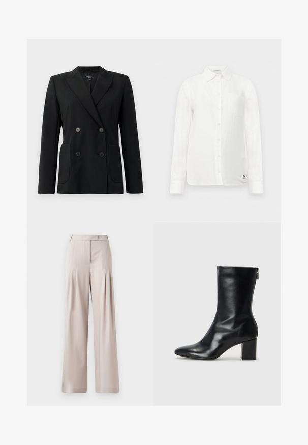 Črn dvoredni blazer iz strukturirane tkanine, z ovratnikom tipa notch, dvema sprednjima žepoma in štirimi črnimi gumbi.; Bela dolga majica s kratkimi rokavi z gumbastim ovratnikom, enim žepom na prsih in subtilno teksturirano tkanino. Ponuja črno izvezeno podrobnost logotipa.; Béžične hlače širokega kroja z gladko teksturo, nagubanimi sprednjimi deli in oblikovanim pasom. Primerne za formalne ali priložnostne priložnosti.; Črne usnjene gležnjarje s koničastim nosom in 4 cm širokim peto. Elegantna zasnova vsebuje stranski zadrgo za enostavno obuvanje. Gladka tekstura.