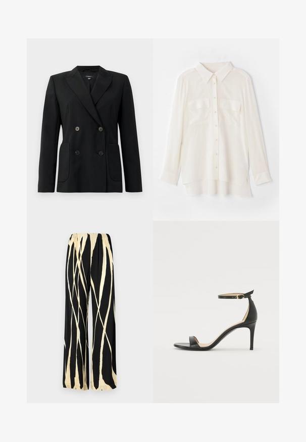 Black double-breasted blazer made of structured fabric, featuring notch lapels, two front pockets, and four black buttons.; White button-up shirt made of lightweight fabric. Features a classic collar, two chest pockets, and a slightly longer back hem.; Wide-leg pants with an elastic waistband, featuring a black background and cream abstract stripe pattern. Smooth fabric texture.; Black leather high-heeled sandal with an ankle strap. Features a smooth texture, open toe, and a thin heel. Gold-toned buckle detail.