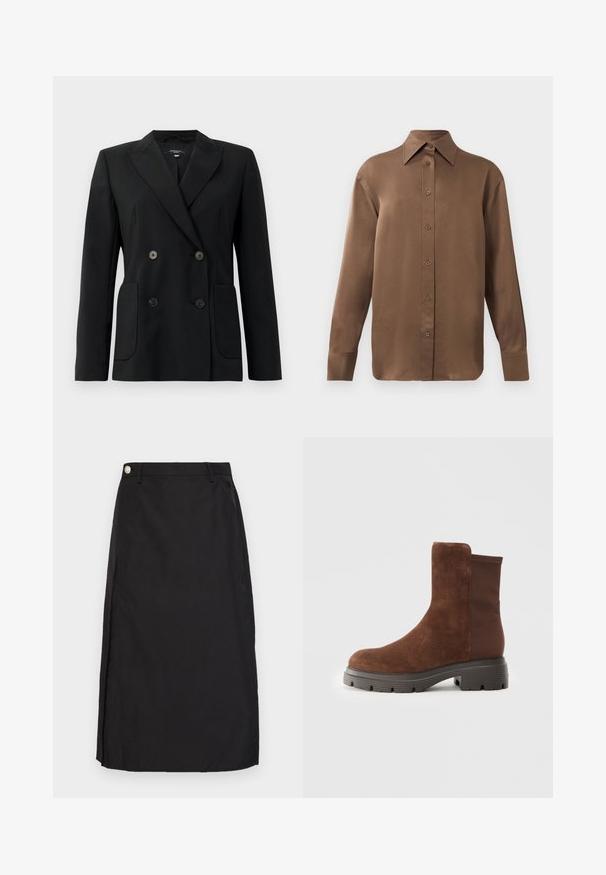 Črn dvoredni blazer iz strukturirane tkanine, z ovratnikom tipa notch, dvema sprednjima žepoma in štirimi črnimi gumbi.; Rjav dolg rokav s srajco s gumbi in koničastimi ovratniki in manšetami, prikazana na enostavni beli podlagi.; Črna krila do kolen, narejena iz gladkega materiala, z razporkom spredaj in kovinsko gumbno dekoracijo na pasu.; Rjave antilopne gležnjarje z elastičnimi stranskimi paneli, zaobljenim nosom in debelim gumijastim podplatom, ki ima teksturiran vzorec.