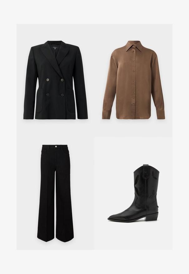 Juodas dvigubas švarkas, pagamintas iš struktūruotos medžiagos, su išpjautomis atlapomis, dviem priekinėmis kišenėmis ir taisyklingais juodais mygtukais.; Ruda ilgų rankovių marškiniai su sagomis ir smailiais apykakle bei rankogaliais, išdėstyti prieš paprastą baltą foną.; Juodi plačiakojai džinsai, pagaminti iš tvirto audinio, su aukštu juosmeniu, priekinėmis kišenėmis ir priekiniais mygtukais. Lygus hem pastatytoje apačioje.; Juodos odos kaubojiški botas su smailiu pirštu, siuvinėtais akcentais ir žemu kulnu. Yra vertikalus siuvimas ir šoninės traukimo juostos.