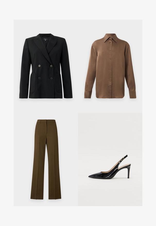 Blazer preto de dupla face feito de tecido estruturado, apresentando lapelas com corte em notch, dois bolsos frontais e quatro botões pretos.; Camisa branca de mangas longas com botões e colarinho pontudo, exibida contra um fundo branco liso.; Calças largas de cor castanha escura com um design ajustado, apresentando frente lisa, vincos e uma textura suave.; Sandal com salto em verniz preto, bico fino, salto esguio e um design de recorte subtil. Apresenta uma fivela dourada na alça.