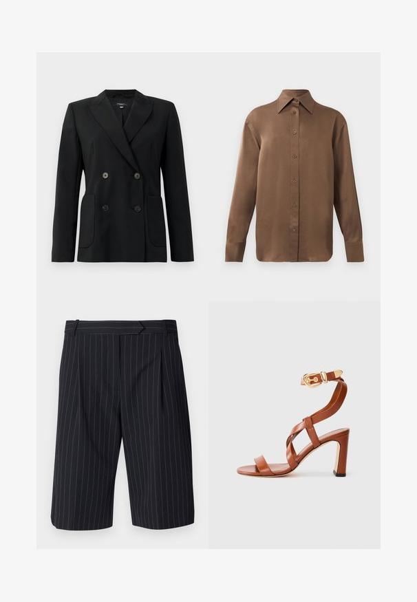 Juodas dvigubas švarkas, pagamintas iš struktūruotos medžiagos, su išpjautomis atlapomis, dviem priekinėmis kišenėmis ir taisyklingais juodais mygtukais.; Ruda ilgų rankovių marškiniai su sagomis ir smailiais apykakle bei rankogaliais, išdėstyti prieš paprastą baltą foną.; Juodi dryžuoti šortai, pritaikyti pagal figūrą, su plokščiu priekiu, klostėmis ir lygiu paviršiumi. Su diržo kilpomis.; Rudos odinės aukštakulnės sandalai su korseto dizainu ir kulkšnies sagtimi. Turi uždarą nugarėlę ir aukštą, masyvų kulną. Lycinius tekstūrą.