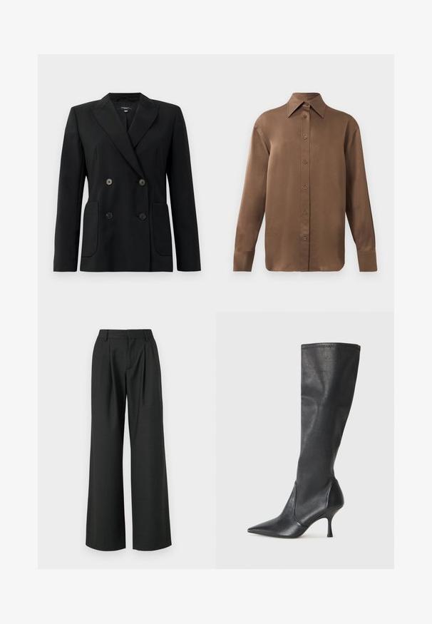Juodas dvigubas švarkas, pagamintas iš struktūruotos medžiagos, su išpjautomis atlapomis, dviem priekinėmis kišenėmis ir taisyklingais juodais mygtukais.; Ruda ilgų rankovių marškiniai su sagomis ir smailiais apykakle bei rankogaliais, išdėstyti prieš paprastą baltą foną.; Won Hundred CAMILLE TROUSERS - Kelnės - licorice; Juodų odinių batų iki kelių su smailiu pirštu ir plonu stiletto kulnu. Lygus paviršius, pritaikytas dizainas ir siuvimas viršutiniame krašte.