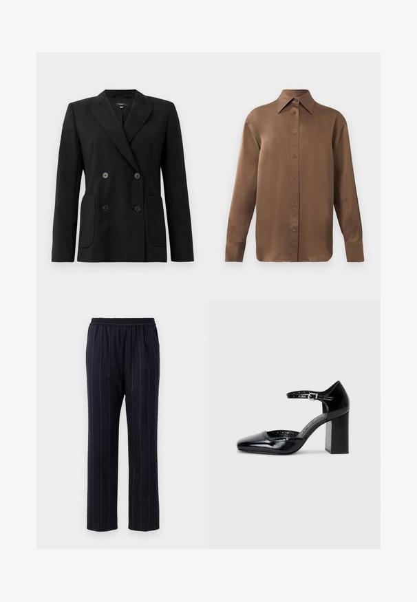 Čierny dvojradový blejzer vyrobený z pevnej látky, s klopami, dvoma prednými vreckami a štyrmi čiernymi gombíkmi.; Hnedá košeľa s dlhým rukávom, so zapínaním na gombíky, s špicatým golierom a manžetami, vystavená na jednoduchom bielom pozadí.; Námornícke modré nohavice s vertikálnymi prúžkami, elastickým pásom, rovný strih, hladká textúra a bez viditeľných vreciek.; Čierne lakované dámske topánky na vysokom opätku so štvorcovou špičkou, remienkom okolo členku a masívnym opätkom. Obsahuje perforované detaily pozdĺž lemu.