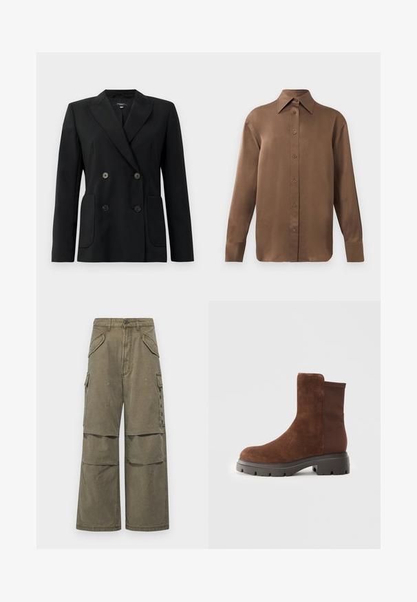 Blazer preto de dupla face feito de tecido estruturado, apresentando lapelas com corte em notch, dois bolsos frontais e quatro botões pretos.; Camisa branca de mangas longas com botões e colarinho pontudo, exibida contra um fundo branco liso.; Calças cargo caqui em algodão, com um estilo de perna larga, vários bolsos e detalhes costurados. Adequadas para uso casual.; Bota ankle em camurça castanha com painéis laterais elásticos, bico arredondado e sola em borracha espessa com um padrão de ranhura texturizado.