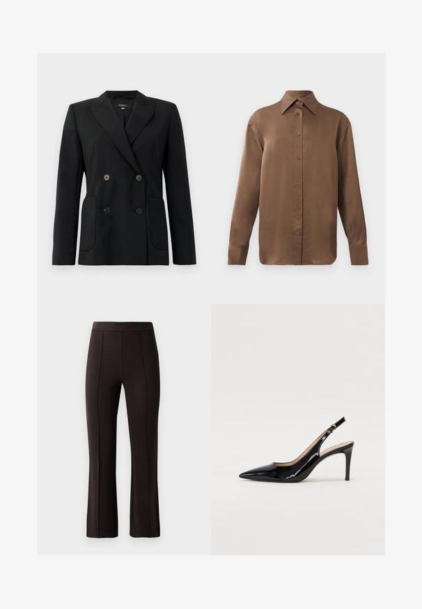 Blazer negru cu două rânduri de nasturi, realizat dintr-un material structurat, având rever cu decupaj, două buzunare frontale și patru nasturi negri.; Cămașă lungă cu mânecă, de culoare maro, cu guler și manșete ascuțite, prezentată pe un fundal alb simplu.; Pantaloni negri, croiți pe măsură, cu un brâu ajustat, față netedă și ușor evazați la tiv, confecționați dintr-un material neted și elastic.; Pantofi slingback din piele patent neagră, cu vârful ascuțit, tocul subțire și un design discret cu decupaj. Se evidențiază printr-un cataramă aurie pe curea.