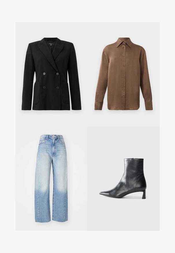 Črn dvoredni blazer iz strukturirane tkanine, z ovratnikom tipa notch, dvema sprednjima žepoma in štirimi črnimi gumbi.; Rjav dolg rokav s srajco s gumbi in koničastimi ovratniki in manšetami, prikazana na enostavni beli podlagi.; Svijetloplavi traper široki traperice s gradijentnim izbljeđivanjem od svijetloplave do tamnije plave, s pet džepova i visokim strukom.; Črne usnjene gležnjarje s šiljastim nosom in elegantnim dizajnom. Imajo nizko peto in zadrgo na zadnji strani. Gladka tekstura.