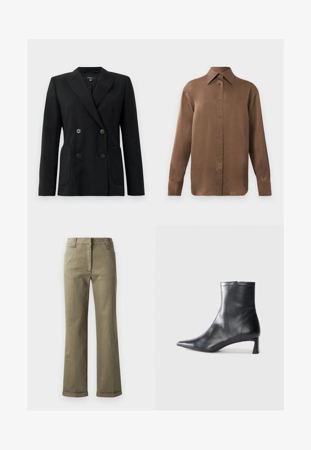 Čierny dvojradový blejzer vyrobený z pevnej látky, s klopami, dvoma prednými vreckami a štyrmi čiernymi gombíkmi.; Hnedá košeľa s dlhým rukávom, so zapínaním na gombíky, s špicatým golierom a manžetami, vystavená na jednoduchom bielom pozadí.; Béžové široké nohavice vyrobené z mäkkej tkaniny. Obsahujú ohrnutý lem, predné vrecká a zips s gombíkovým zapínaním.; Čierne kožené členkové topánky s špicatou špičkou a elegantným dizajnom. Majú nízky podpätok a zips na zadnej strane. Hladká textúra.
