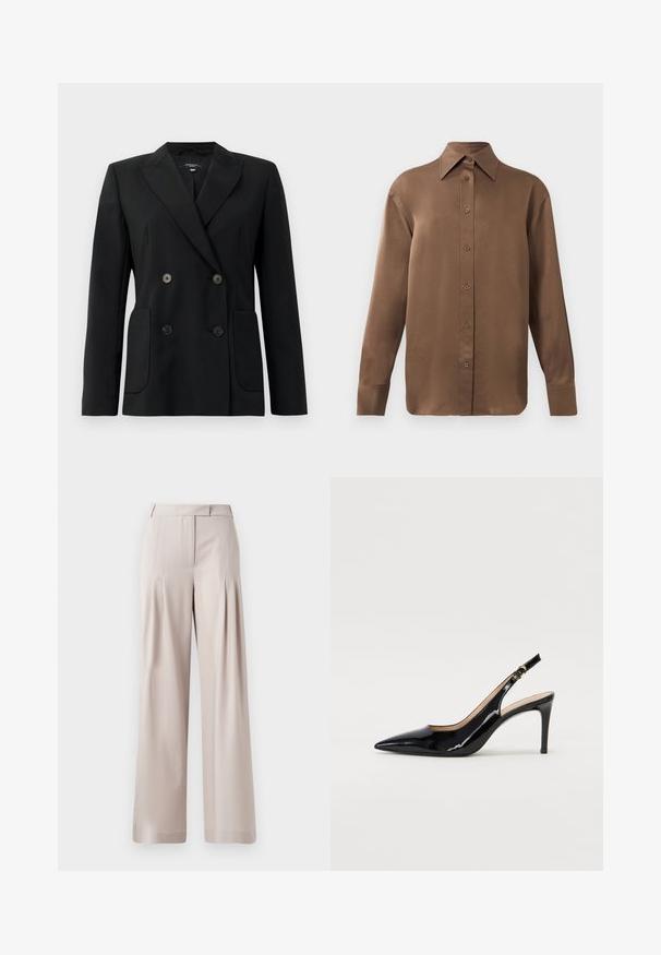 Čierny dvojradový blejzer vyrobený z pevnej látky, s klopami, dvoma prednými vreckami a štyrmi čiernymi gombíkmi.; Hnedá košeľa s dlhým rukávom, so zapínaním na gombíky, s špicatým golierom a manžetami, vystavená na jednoduchom bielom pozadí.; Béžové široké nohavice s hladkou štruktúrou, plisovaným predným dizajnom a prispôsobeným pásom. Vhodné na formálne aj neformálne nosenie.; Čierne lakované kožené slingback lodičky s špicatou špičkou, štíhlým podpätkom a jemným výrezom. Obsahuje zlatú pracku na remienku.