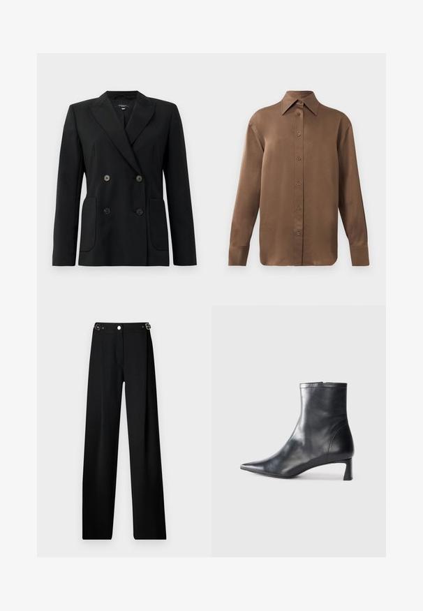 Blazer negru cu două rânduri de nasturi, realizat dintr-un material structurat, având rever cu decupaj, două buzunare frontale și patru nasturi negri.; Cămașă lungă cu mânecă, de culoare maro, cu guler și manșete ascuțite, prezentată pe un fundal alb simplu.; Pantaloni negri cu picioare largi dintr-un material texturat, cu un brâu dotat cu accesorii din argint și închidere cu nasture.; Cizmă de gleznă din piele neagră cu vârf ascuțit și un design elegant. Dispune de un toc mic și de o închidere cu fermoar la spate. Textură netedă.