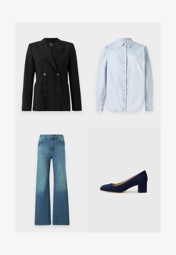Černý dvouřadý blazer vyrobený z pevných tkanin, s klopovými límci, dvěma předními kapsami a čtyřmi černými knoflíky.; Světle modrá košile s dlouhým rukávem na knoflíky, vyrobená z hladkého materiálu. Má klasický límec, přední knoflíky a zaoblený lem.; Klasické modré džíny se zvonovým střihem a světlým gradientem, s pěti kapsami, zipem a mosazným knoflíkem na pase.; Námořnicky modré semišové lodičky s špičatou špičkou a středně vysokým blokovým podpatkem. Hladká textura s jemným leskem a malým výřezem na přední části.