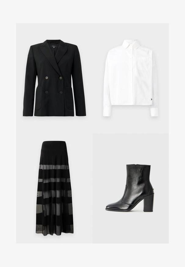 Blazer negro de doble botonadura, hecho de una tela estructurada, con solapas de muesca, dos bolsillos frontales y cuatro botones negros.; Camisa blanca de manga larga con cuello puntiagudo, un bolsillo en el pecho y mangas con puños. Fabricada en una tela suave y ligera.; Falda maxi negra con una cinturilla ajustada, que presenta paneles transparentes y rayas opacas. Tejido ligero con una textura suave.; Botín negro de cuero con textura suave, puntera puntiaguda y un tacón alto y robusto. Presenta una apertura lateral y un diseño minimalista.