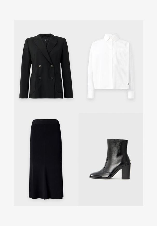 Musta kaksirivinen bleiseri, joka on valmistettu jämäkästä kankaasta ja jossa on asetelmalapelit, kaksi etutaskua ja neljä mustaa nappia.; Valkoinen pitkähihaista nappipaitaa, jossa on kärjellinen kaulus, yksi rintatasku ja käänteet hihansuissa. Valmistettu sileästä, kevyestä kankaasta.; Mustat, polvipituiset hameet, joissa on tiukka vyötärö ja hillitty levenevä muoto. Materiaali näyttää sileältä, lähes ilman tekstuuria. Ei näkyviä kuvioita.; Mustat nahka ankle bootit, joissa on sileä pinta, terävä kärki ja paksu korkea korko. Sivusaumassa on avaus ja muuten yksinkertainen muotoilu.