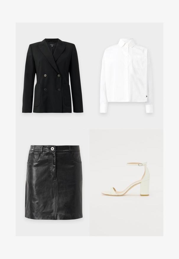 Blazer negru cu două rânduri de nasturi, realizat dintr-un material structurat, având rever cu decupaj, două buzunare frontale și patru nasturi negri.; Cămașă albă cu mâneci lungi, cu guler pointat, un singur buzunar pe piept și manșete la încheietură. Fabricată dintr-un material neted și ușor.; WEEKEND MaxMara HULL - Fustă tip creion - nero; Sandal din piele albă cu toc bloc, având o curea la glezna cu cataramă și un design minimalist. Vârf deschis și texturi netede pe întreaga suprafață.