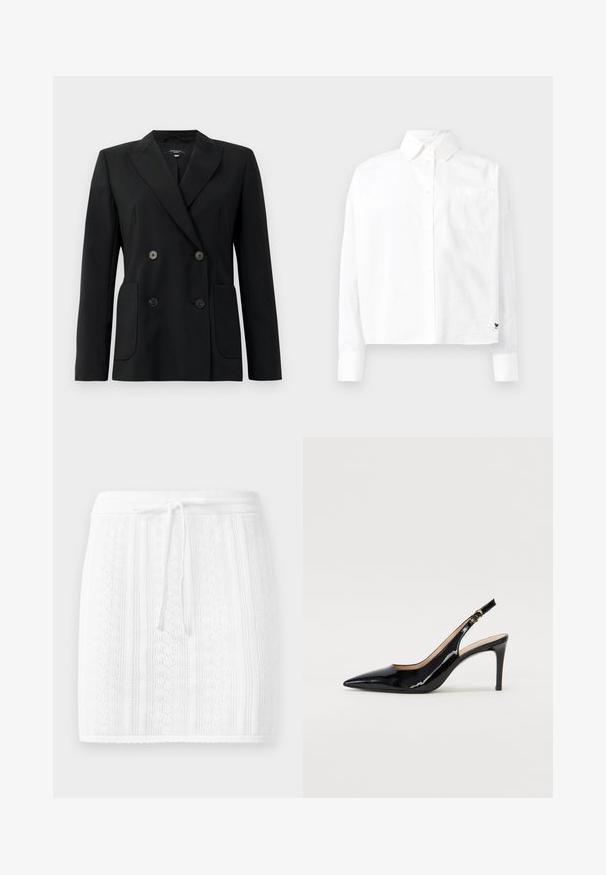 Mustvalge topeltkinnitatud bleiser, mis on valmistatud jäigast kangast, millel on kraed, kaks esist pocketit ja neli musta nööpi.; Valge pika varrukaga nööbiga särk, millel on terav krae, üks rinnatasku ja mansetid. Valmistatud siledast, kergekaalulisest kangast.; Kootud valge seelik tekstuurse mustri ja vertikaalsete triipudega; varustatud paelaga vöökoht ja laineline äär.; Must hõbedavärvi patendiga slingback kontsakingad terava varbaga, kitsas konts ja peene lõikega disain. Statistika on kuldne pandla rihmal.