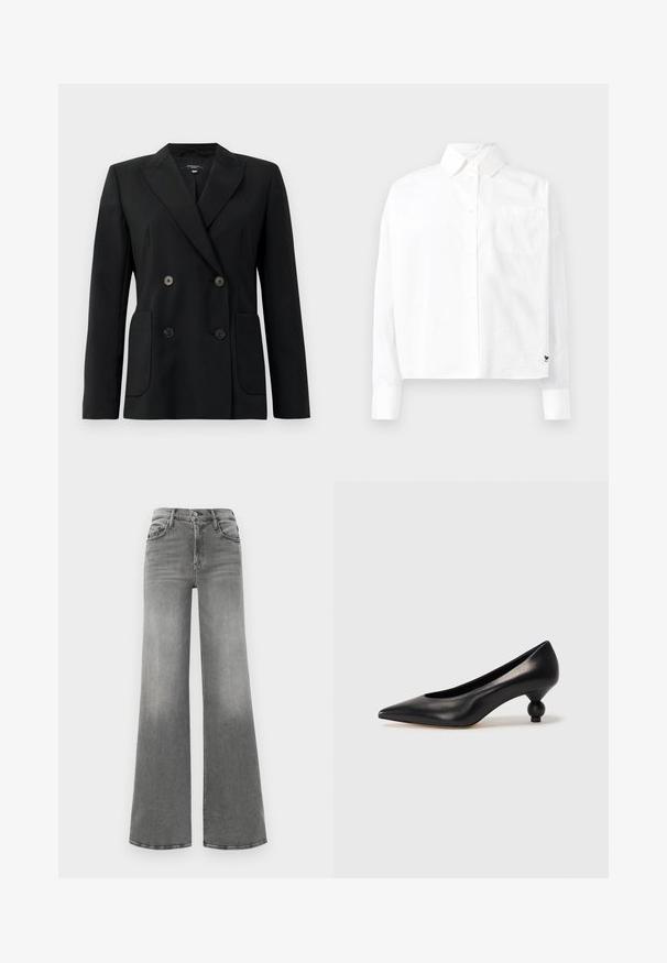 Černý dvouřadý blazer vyrobený z pevných tkanin, s klopovými límci, dvěma předními kapsami a čtyřmi černými knoflíky.; Bílá košile s dlouhým rukávem a knoflíkovým zapínáním, s špičatým límcem, jednou náprsní kapsou a manžetami. Vyrobena z hladké, lehké látky.; Šedé široké džínsy vyrobené z denimu. Mají vysoký pas, čtyři kapsy a mírné vyblednutí na přední straně pro zvýraznění textury.; Černá kožená vysoká bota na podpatku s špičatou špičkou a kulatým, zaobleným podpatkem. Hladká textura s elegantním, minimalistickým designem.
