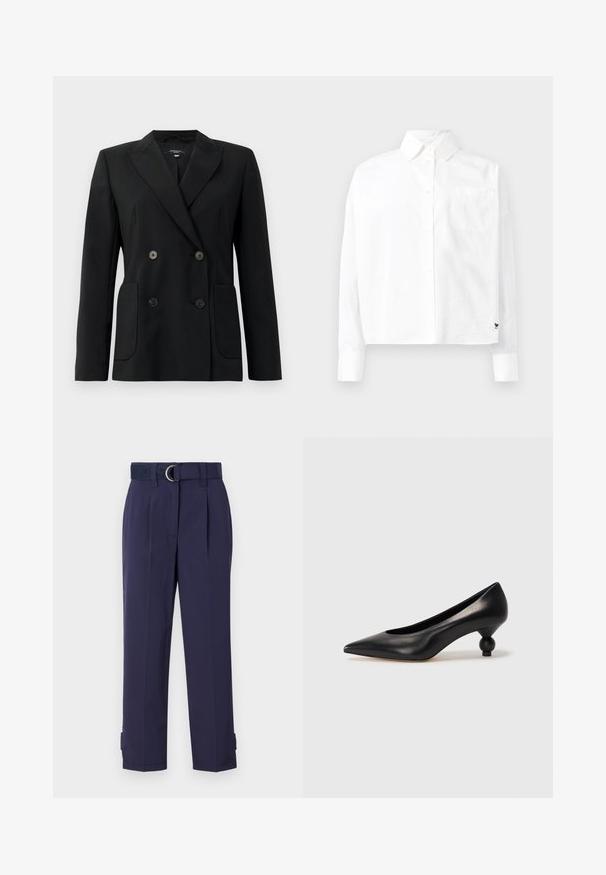 Black double-breasted blazer made of structured fabric, featuring notch lapels, two front pockets, and four black buttons.; White long-sleeve button-up shirt with a pointed collar, single chest pocket, and cuffed sleeves. Made of smooth, lightweight fabric.; Navy blue trousers featuring a belt with a silver metal ring, pleated front, and tapered leg openings with adjustable fastenings at the hem.; Black leather high heel shoe with a pointed toe and a round, balled heel. Smooth texture with a sleek, minimal design.